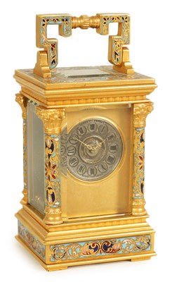 Lot 490 - A GOOD LATE 19TH CENTURY GILT BRASS AND CHAMPLEVE ENAMEL MINIATURE CARRIAGE CLOCK