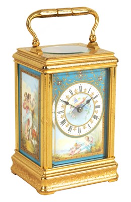 Lot 417 - DROCOURT, NUMBER 9866. A LATE 19TH CENTURY FULLY ENGRAVED FRENCH GILT BRASS AND SERVES STYLE PORCELAIN PANELLED REPEATING CARRIAGE CLOCK