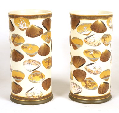 Lot 41 - A RARE PAIR OF LATE 19TH CENTURY WORCESTER CYLINDRICAL CABINET VASES  IN THE JAPANESQUE TASTE