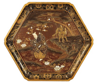 Lot 164 - A LARGE JAPANESE MEIJI PERIOD LACQUERWORK AND SHIBAYAMA HEXAGONAL HANGING PLAQUE