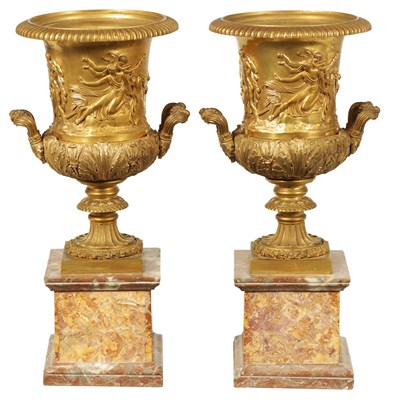 Lot 546 - A GOOD PAIR OF 19TH CENTURY FRENCH GILT BRONZE CLASSICAL URNS AFTER BORGHESE