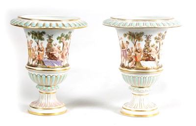 Lot 38 - A PAIR OF MEISSEN CAMPANA SHAPED PEDESTAL VASES