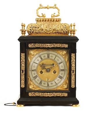 Lot 524 - JOSEPH WINDMILLS, LONDON. A FINE WILLIAM AND MARY EBONY VENEERED GILT BRASS MOUNTED BASKET TOP BRACKET CLOCK