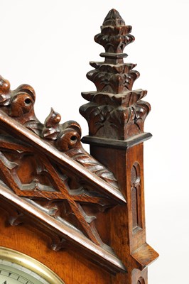 Lot 441 - W. ROSKELL, & CO. LIVERPOOL. A LATE 19TH CENTURY GOTHIC OAK TRIPLE FUSEE BRACKET CLOCK