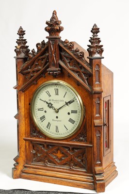 Lot 441 - W. ROSKELL, & CO. LIVERPOOL. A LATE 19TH CENTURY GOTHIC OAK TRIPLE FUSEE BRACKET CLOCK