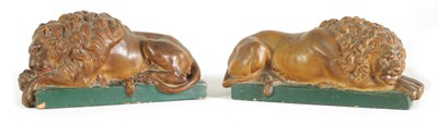 Lot 562 - A PAIR OF 19TH CENTURY GRAND TOUR STYLE POLYCHROME TERRACOTTA CANOVA LIONS SCULPTURES