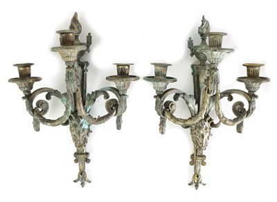 Lot 559 - A PAIR OF 19TH CENTURY ORMOLU THREE BRANCH WALL SCONCES