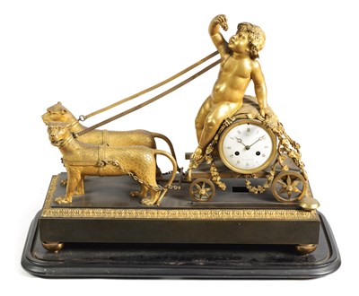 Lot 384 - A FINE AND RARE 19TH CENTURY FRENCH EMPIRE ORMOLU AND BRONZE MANTEL CLOCK FORMED AS A CHARIOT PULLED BY CHEETAHS