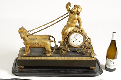 Lot 384 - A FINE AND RARE 19TH CENTURY FRENCH EMPIRE ORMOLU AND BRONZE MANTEL CLOCK FORMED AS A CHARIOT PULLED BY CHEETAHS