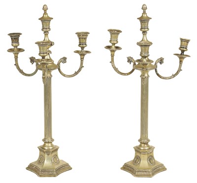 Lot 251 - A FINE PAIR OF 19TH CENTURY SILVER PLATED ADAM STYLE THREE BRANCH CANDELABRA