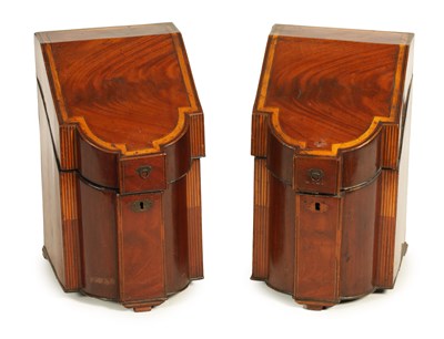 Lot 316 - A PAIR OF GEORGE III KINGWOOD AND SATINWOOD CROSSBANDED FLAMED MAHOGANY KNIFE BOXES