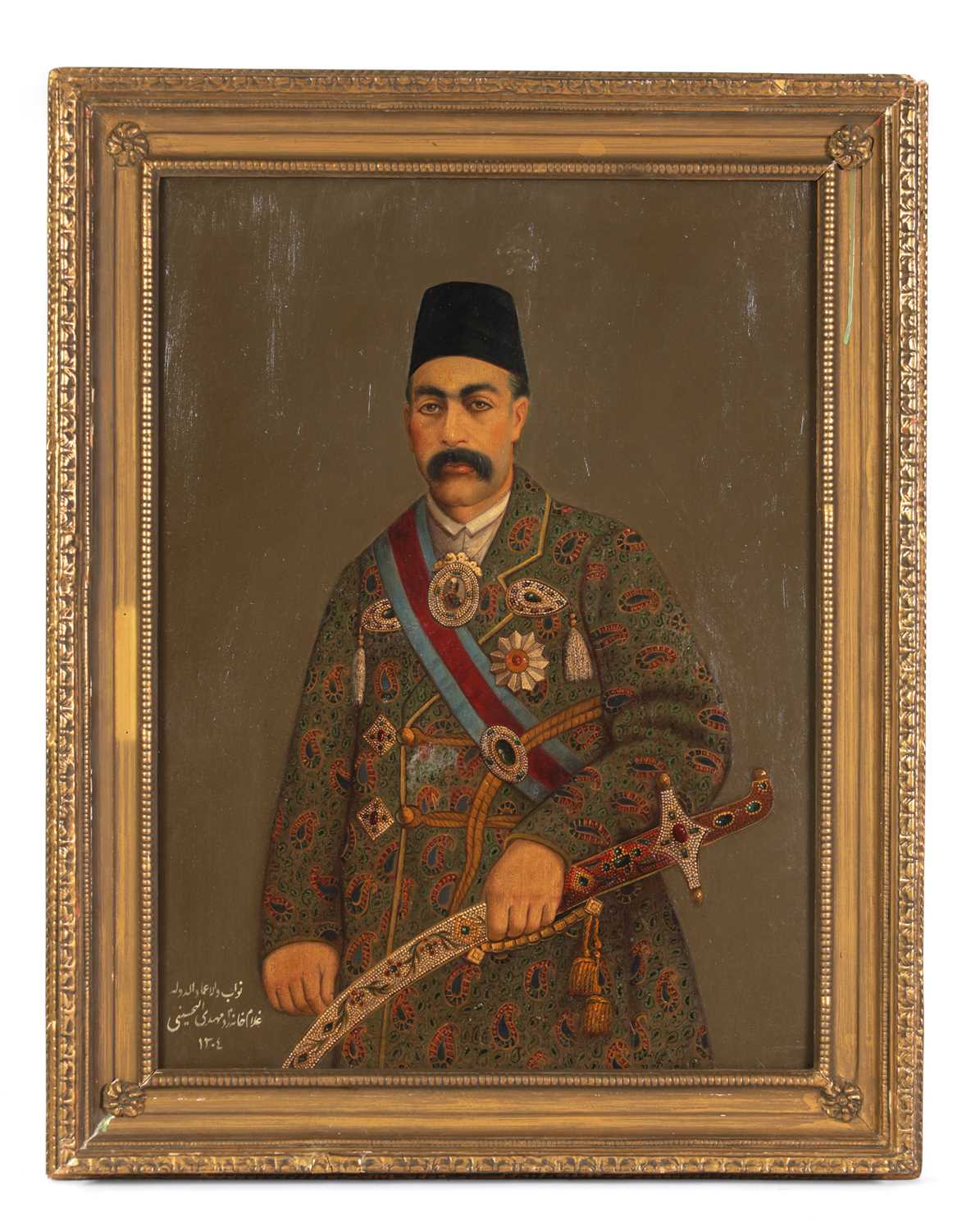 Lot 344 - A 19TH CENTURY QAJAR OIL ON CANVAS PORTRAIT OF ETEMD AL DOLEH