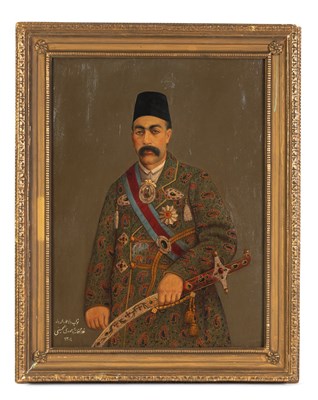 Lot 344 - A 19TH CENTURY QAJAR OIL ON CANVAS PORTRAIT OF ETEMD AL DOLEH