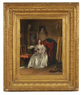 Lot 365 - A 19TH CENTURY FRENCH OIL ON CANVAS FULL PORTRAIT OF A YOUNG LADY IN AN ARTIST’S STUDIO