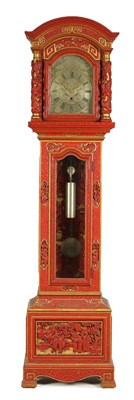 Lot 456 - A GOOD LATE 19TH CENTURY CARVED SCARLET AND GILT LACQUERWORK CHINESE INFLUENCED REGULATOR EIGHT DAY LONGCASE CLOCK