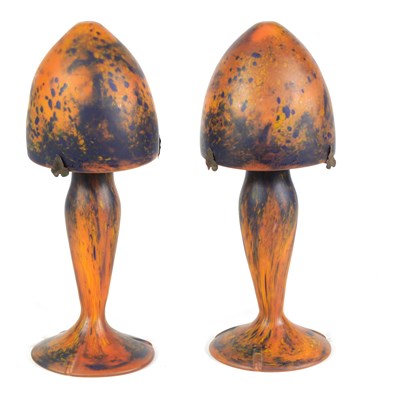 Lot 6 - A PAIR OF 20TH CENTURY ART NOUVEAU ORANGE AND BLUE GLASS LAMPS IN THE STYLE OF LE VERRE FRANCAIS