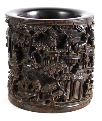 Lot 192 - A FINE 19TH CENTURY CHINESE HARDWOOD BRUSH POT OF LARGE SIZE