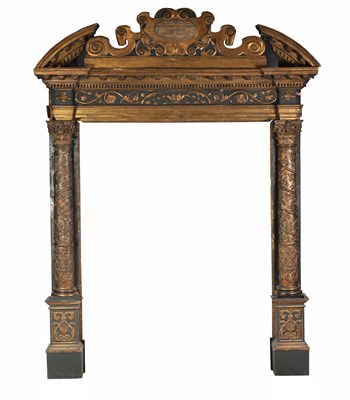 Lot 577 - A RARE AND IMPRESSIVE 17TH CENTURY PAINTED WOOD AND PARCEL GILT BAROQUE DOOR SURROUND