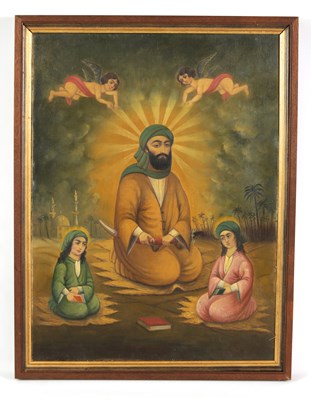 Lot 982 - A LATE 19TH CENTURY QAJAR OIL ON CANVAS PORTRAIT OF IMAM ALI AND HIS SONS