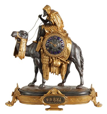 Lot 466 - A 19TH CENTURY GILT AND BRONZED METAL FRENCH MANTEL CLOCK MODELLED AS A CAMEL AND RIDER