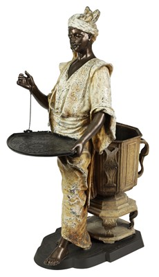 Lot 639 - AFTER. LOUIS HOTTOT (1834-1905) A LATE 19TH CENTURY COLD PAINTED BRONZED METAL STANDING FIGURE OF AN ARABIAN STREET VENDOR