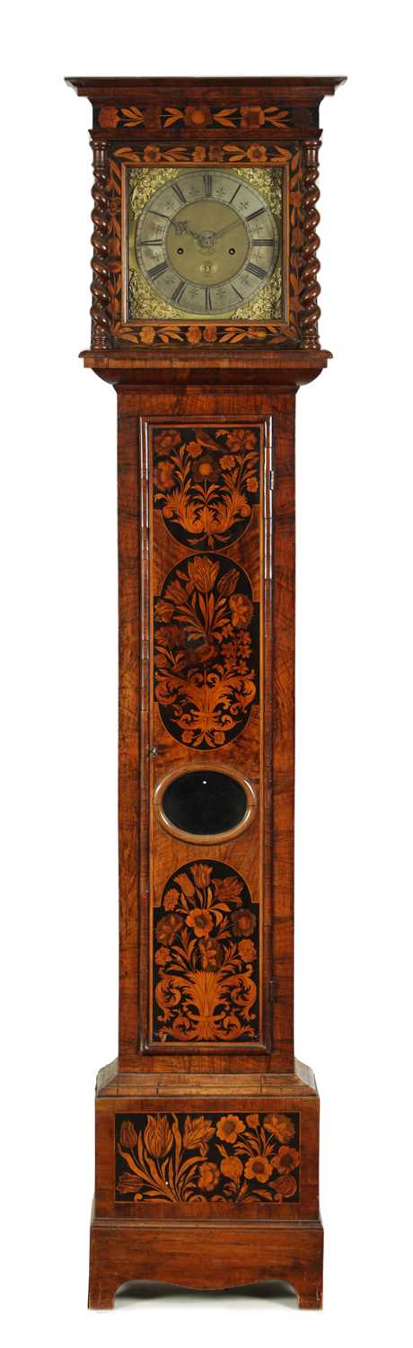 Lot 424 - THOMAS HALL, LONDINI FECIT. A WILLIAM AND MARY WALNUT AND FLORAL MARQUETRY PANELLED EIGHT-DAY LONGCASE CLOCK