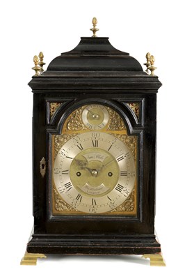 Lot 471 - JAMES McCABE, ROYAL EXCHANGE, LONDON. A GEORGE III EBONISED INVERTED BELL TOP EIGHT-DAY BRACKET CLOCK OF SMALL SIZE