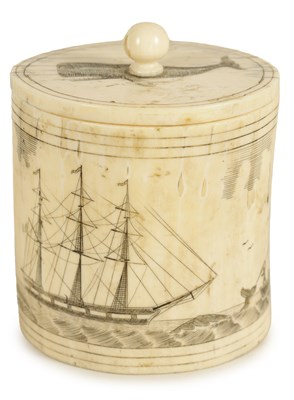 Lot 557 - A LATE 19TH CENTURY MARINE IVORY SCRIMSHAW LIDDED CONTAINER