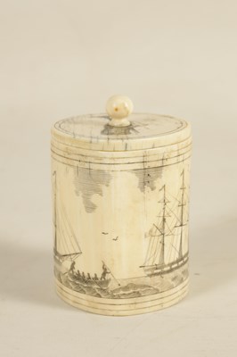 Lot 557 - A LATE 19TH CENTURY MARINE IVORY SCRIMSHAW LIDDED CONTAINER