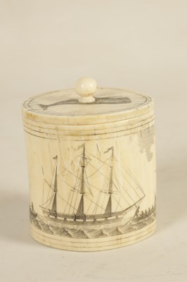 Lot 557 - A LATE 19TH CENTURY MARINE IVORY SCRIMSHAW LIDDED CONTAINER