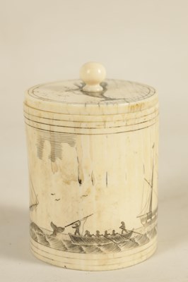 Lot 557 - A LATE 19TH CENTURY MARINE IVORY SCRIMSHAW LIDDED CONTAINER