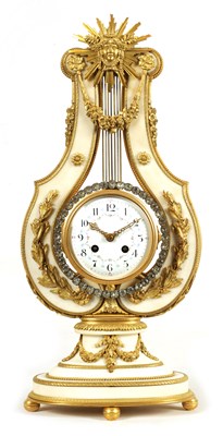 Lot 415 - A LATE 19TH CENTURY ORMOLU AND WHITE MARBLE LYRE SHAPED SWINGING MYSTERY CLOCK