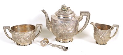 Lot 207 - A FINE 19TH CENTURY CHINESE THREE PIECE CAST SILVER TEA SERVICE