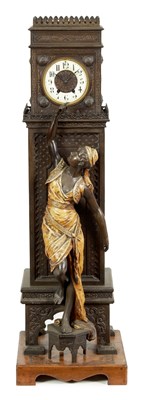 Lot 484 - AN IMPRESSIVE LATE 19TH CENTURY ARABESQUE COLD PAINTED BRONZED CAST METAL FLOOR STANDING FIGURAL CLOCK