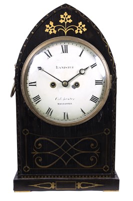 Lot 443 - BANNISTER, COLCHESTER. A REGENCY EBONISED AND BRASS INLAID LANCET TOP BRACKET CLOCK