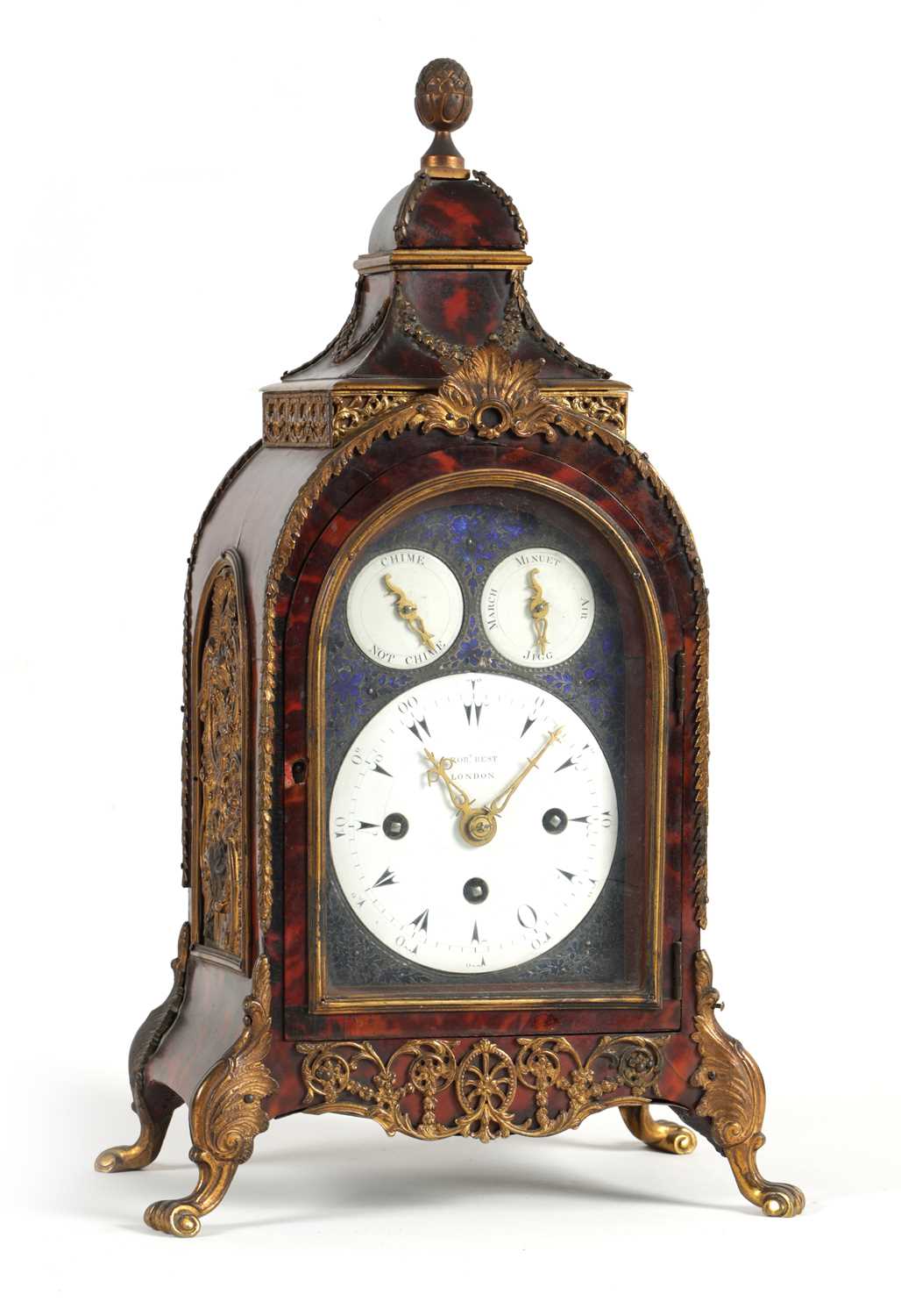 Lot 463 - ROBERT BEST, LONDON. A FINE GEORGE III MINIATURE ORMOLU MOUNTED TORTOISESHELL THREE TRAIN MUSICAL VERGE BRACKET CLOCK