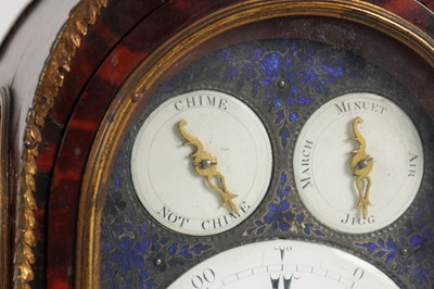 Lot 463 - ROBERT BEST, LONDON. A FINE GEORGE III MINIATURE ORMOLU MOUNTED TORTOISESHELL THREE TRAIN MUSICAL VERGE BRACKET CLOCK