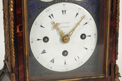 Lot 463 - ROBERT BEST, LONDON. A FINE GEORGE III MINIATURE ORMOLU MOUNTED TORTOISESHELL THREE TRAIN MUSICAL VERGE BRACKET CLOCK