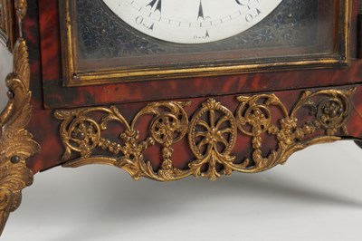 Lot 463 - ROBERT BEST, LONDON. A FINE GEORGE III MINIATURE ORMOLU MOUNTED TORTOISESHELL THREE TRAIN MUSICAL VERGE BRACKET CLOCK