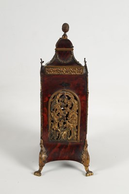 Lot 463 - ROBERT BEST, LONDON. A FINE GEORGE III MINIATURE ORMOLU MOUNTED TORTOISESHELL THREE TRAIN MUSICAL VERGE BRACKET CLOCK