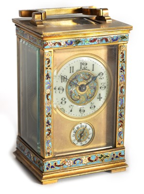 Lot A LATE 19TH CENTURY CHAMPLEVE ENA`MEL AND BRASS CASED TIMEPIECE CARRIAGE CLOCK