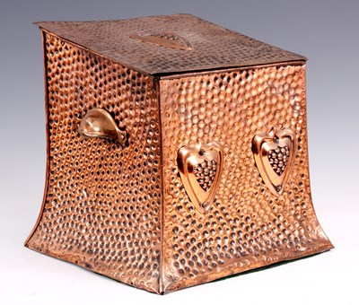 Lot 336 - AN ART NOUVEAU BEATEN COPPER SQUARE COAL BOX...