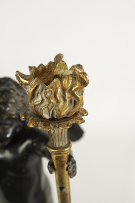 Lot 409 - A PAIR OF EARLY 19TH CENTURY FRENCH GILT BRONZE AND ROUGE MARBLE TWO BRANCH STANDING CHERUB CANDELABRA