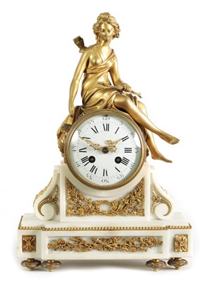 Lot 455 - A LATE 19TH CENTURY FRENCH ORMOLU AND WHITE MARBLE FIGURAL MANTEL CLOCK