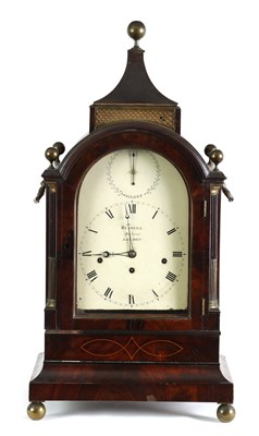 Lot 394 - RUSSELL, BARBICAN, LONDON. A LARGE FLAME MAHOGANY BOXWOOD STRUNG ARCHED TOP TRIPLE FUSEE BRACKET CLOCK