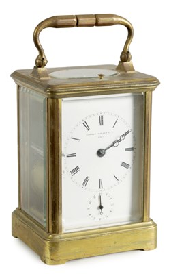 Lot 458 - DROCOURT NO. 3433. A LATE 19TH CENTURY REPEATING EIGHT-DAY BRASS CASED CARRIAGE CLOCK