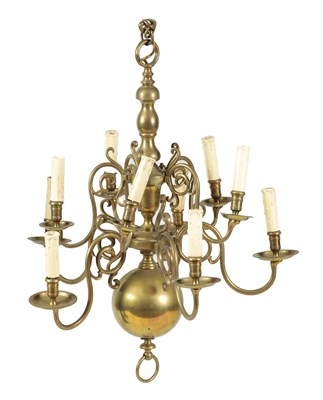 Lot 532 - A 17TH CENTURY STYLE DUTCH STYLE BRASS HANGING CEILING LIGHT CHANDELIER