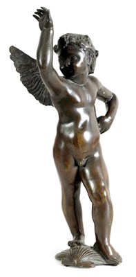 Lot 584 - A 19TH CENTURY ITALIAN BRONZE SCULPTURE OF A PUTTO