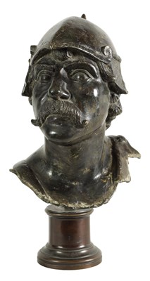 Lot 547 - AN INTERESTING 18TH/19TH CENTURY BRONZE HEAD OF A WARRIOR