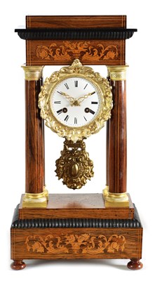 Lot 487 - A 19TH CENTURY FRENCH EMPIRE STYLE INLAID ROSEWOOD PORTICO CLOCK